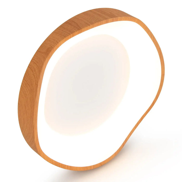 Round wooden lamp with a white light bulb on a white background