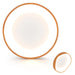 Two circular light fixtures with wooden frames on a white background