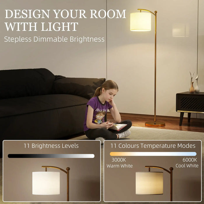 Girl reading under adjustable gold and cream LED floor lamp with remote in modern living room