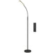 Black floor lamp with adjustable arm and remote control on a white background
