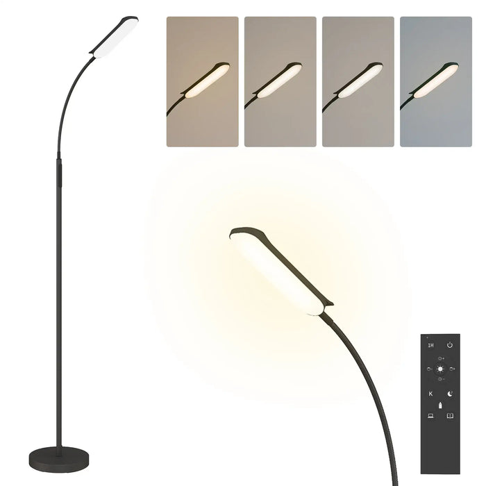 Modern floor lamp with adjustable head and remote control on a white background