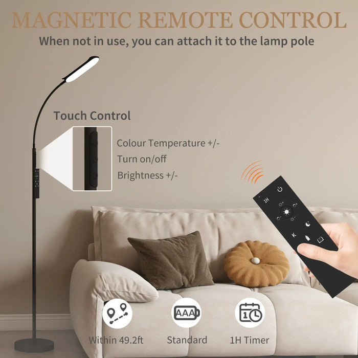 Floor lamp with remote control in a living room setting, highlighting magnetic remote control feature.