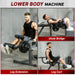 Collage of a man using a lower body machine with labeled exercises on a gray background.