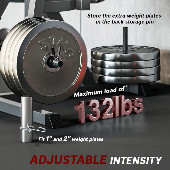 Barbell with weight plates and storage pin on a gym floor, showing adjustable intensity feature.