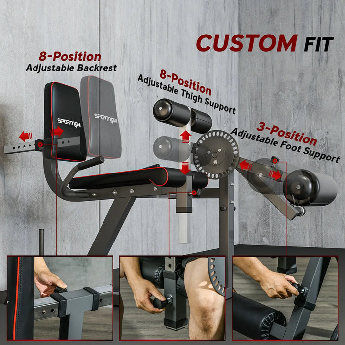 Multifunctional gym bench with adjustable features on a gray wooden background