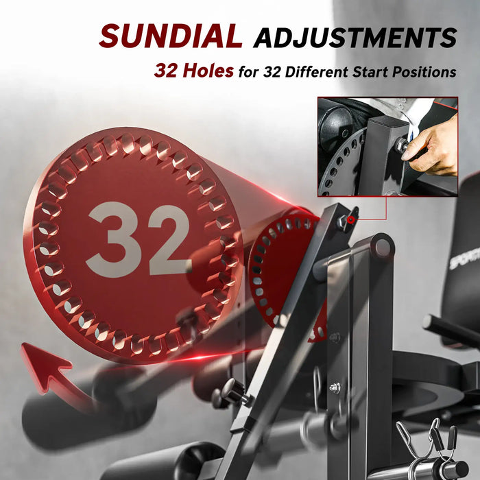 Sundial adjustments with red circular component labeled '32' on a gym machine.