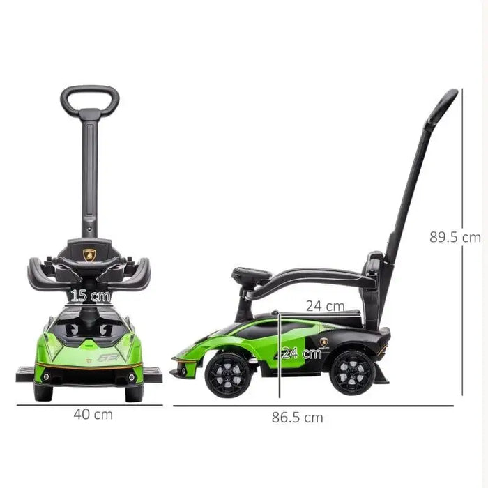 Green Essenza SCV12 ride-on push car and stroller for toddlers with size measurements shown