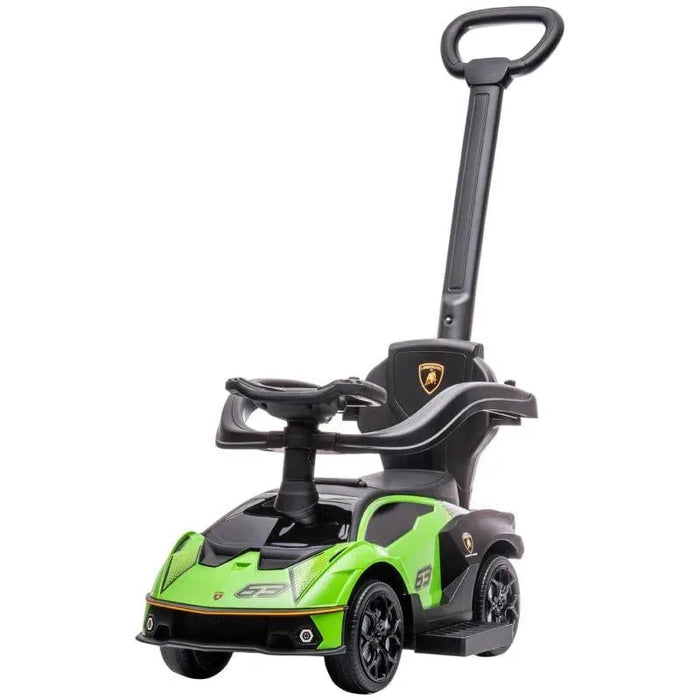 Green Lamborghini Essenza SCV12 toddler push car with black handle and sporty design
