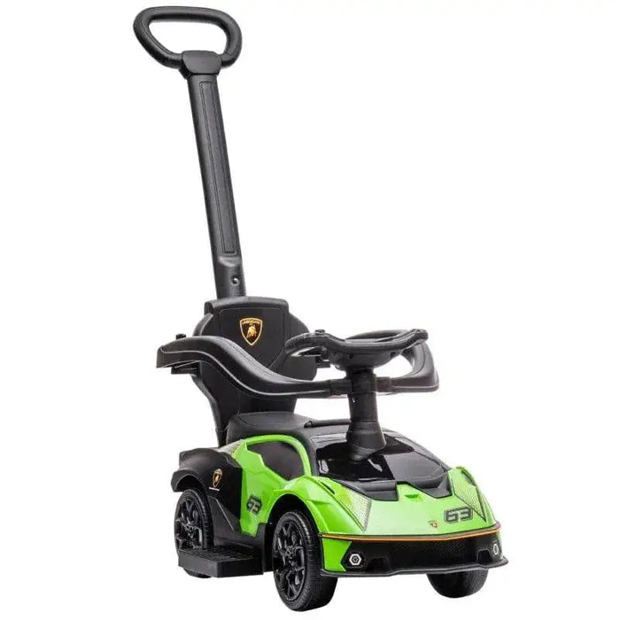 Green Lamborghini-style ride-on push car for toddlers with stroller handle