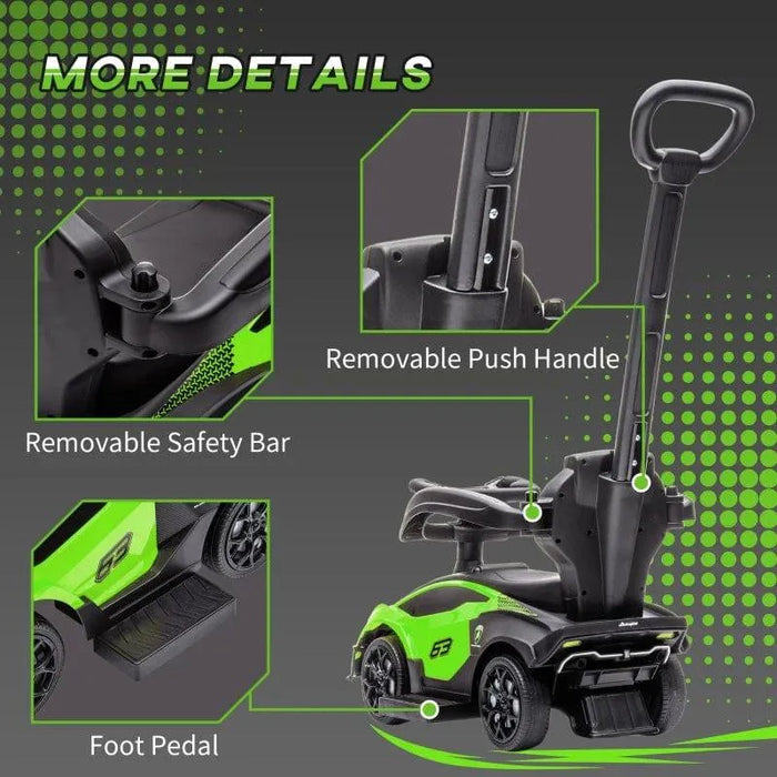 Green toddler ride-on push car with removable safety bar, handle, and foot pedal details.