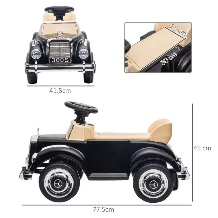Black Mercedes-Benz 300S kids sliding car with seat and size dimensions shown