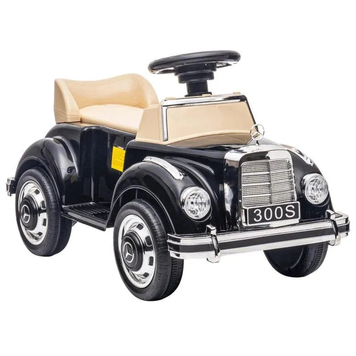 Black Mercedes-Benz 300S kids sliding car with chrome accents and beige seat
