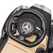 Close-up of black Mercedes-Benz 300S kids sliding car steering wheel and dashboard
