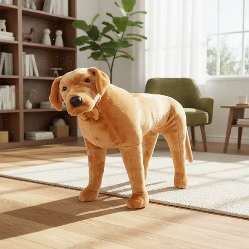 Brown plush dog toy in a plush lounge