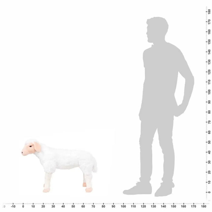 Comparison of a toy sheep and a person's silhouette with a scale on a white background