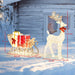 Decorative reindeer with a sleigh and presents in the snow, with measurements indicated.