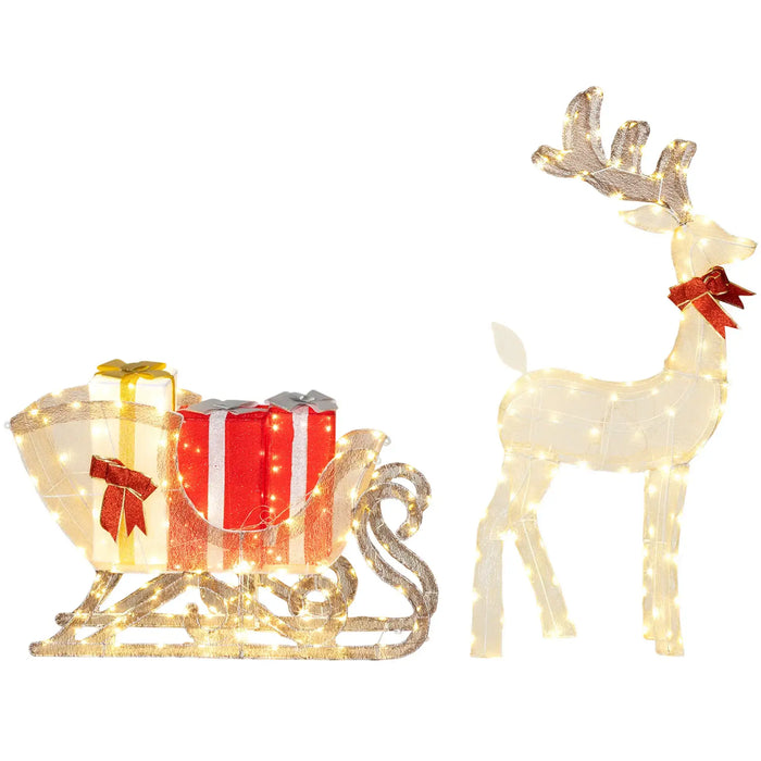 Decorative reindeer with a sleigh and presents on a white background