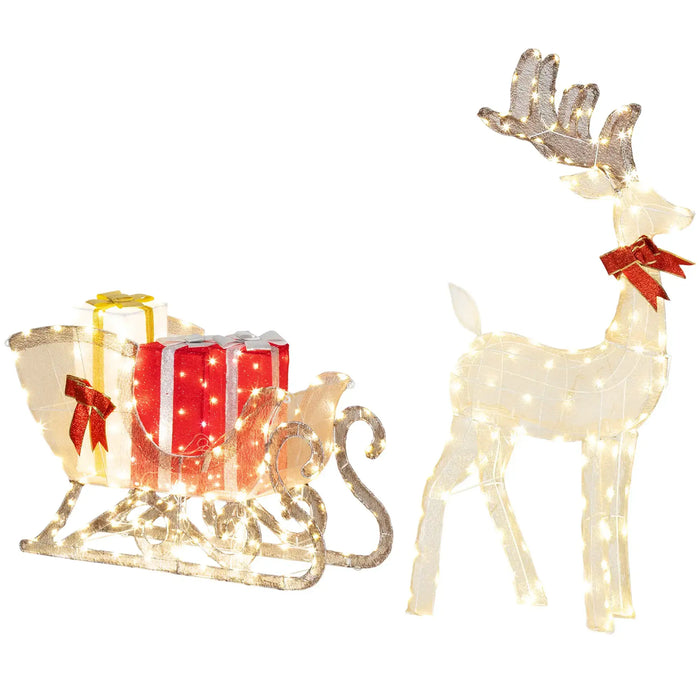 Decorative reindeer with sleigh and presents on a white background