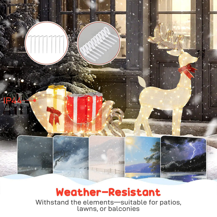 Decorative outdoor scene with a reindeer and sleigh, featuring weather-resistant text.