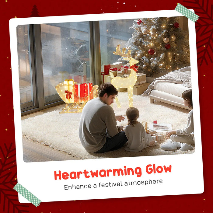 Family gathered around a Christmas tree with gifts, text 'Heartwarming Glow' on a red border.