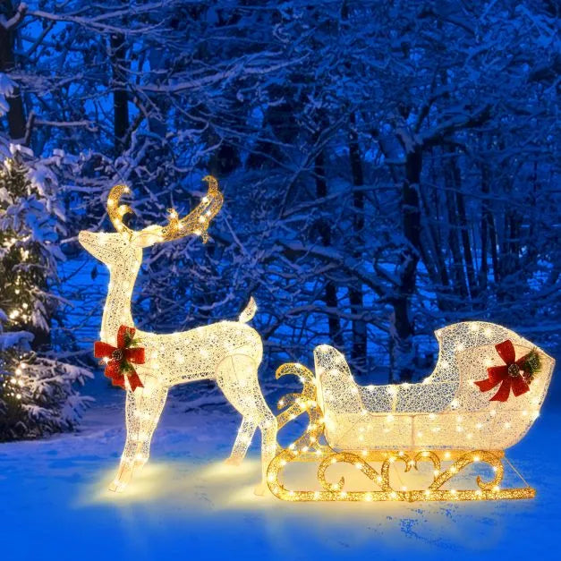 Lighted Reindeer and Santa Sleigh Decoration – Warm White | 215 LED Lights COSTWAY - Little and Giant Explorers Costway