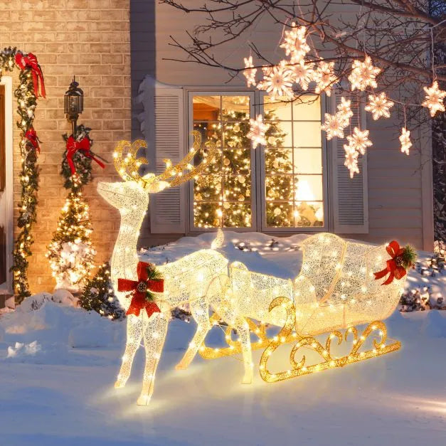 Lighted Reindeer and Santa Sleigh Decoration – Warm White | 215 LED Lights COSTWAY - Little and Giant Explorers Costway