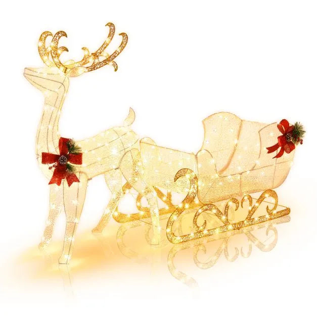 Lighted Reindeer and Santa Sleigh Decoration – Warm White | 215 LED Lights COSTWAY - Little and Giant Explorers Costway