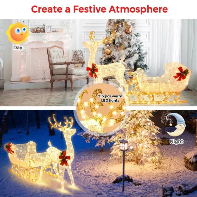 Lighted Reindeer and Santa Sleigh Decoration – Warm White | 215 LED Lights COSTWAY - Little and Giant Explorers Costway