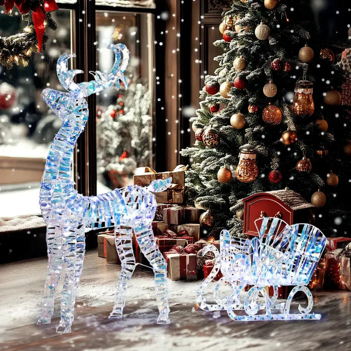 Lighted Reindeer and Sleigh Decoration – 170 Warm White LEDs | Holographic Finish OUTSUNNY - Little and Giant Explorers Outsunny