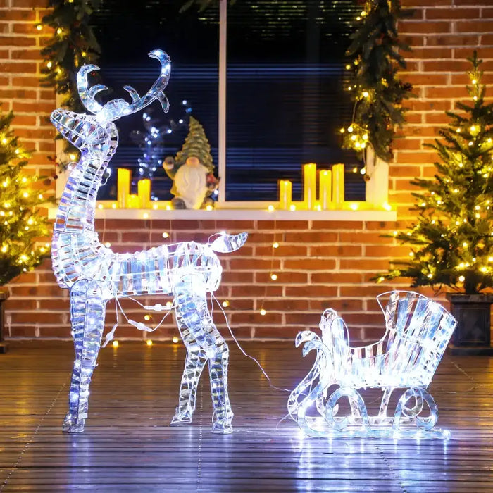 Lighted Reindeer and Sleigh Decoration – 170 Warm White LEDs | Holographic Finish OUTSUNNY - Little and Giant Explorers Outsunny