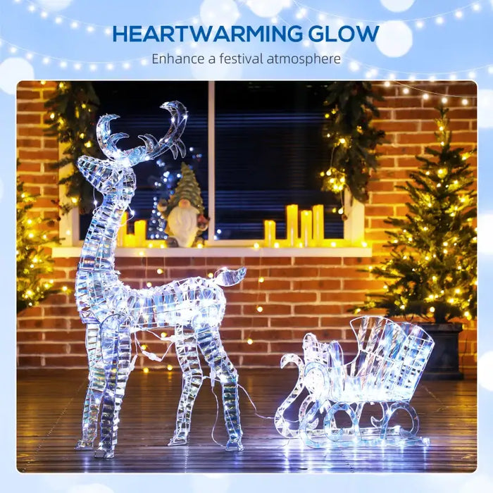 Lighted Reindeer and Sleigh Decoration – 170 Warm White LEDs | Holographic Finish OUTSUNNY - Little and Giant Explorers Outsunny