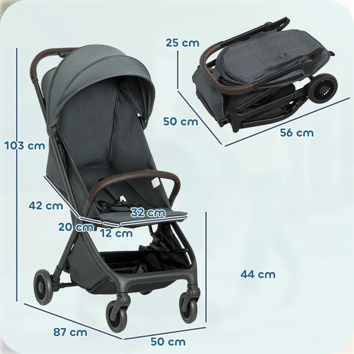 Measurement chart of a compact stroller with dimensions labeled.