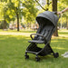 Gray stroller on grass with a park in the background