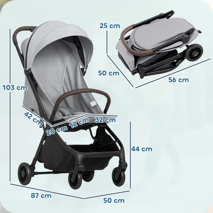 Baby stroller with dimensions on a light blue background