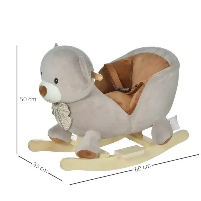 Grey plush bear rocking horse with seat and safety strap, child toy, dimensions labeled