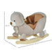 Grey plush bear rocking horse with seat and safety strap, child toy, dimensions labeled