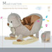 Grey plush bear rocking horse with seatbelt, wood rockers, and musical sound function.
