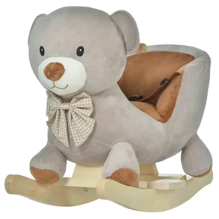 Grey plush bear rocking horse toy with checked bow and wooden rockers