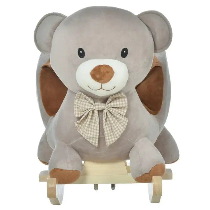 Grey bear plush rocking horse with a checkered bow on wooden rockers, kids toy
