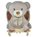 Grey bear plush rocking horse with a checkered bow on wooden rockers, kids toy