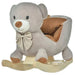 Grey plush bear rocking horse toy with bow and wooden base for kids