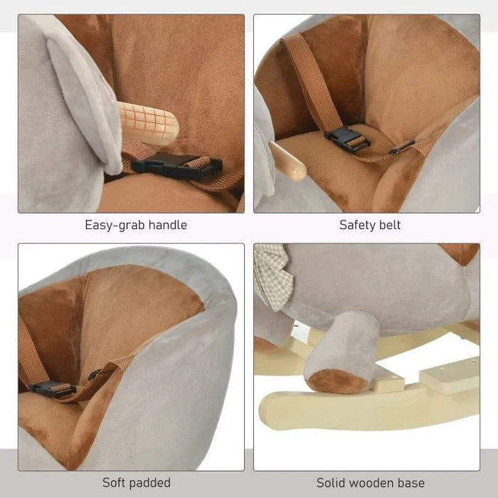 Grey plush lion bear rocking horse features easy-grab handle, safety belt, soft padded seat, solid wooden base.