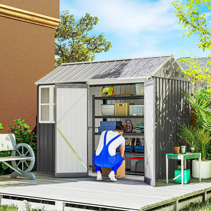 Man in blue overalls organizing cardboard box inside gray outdoor metal garden storage shed