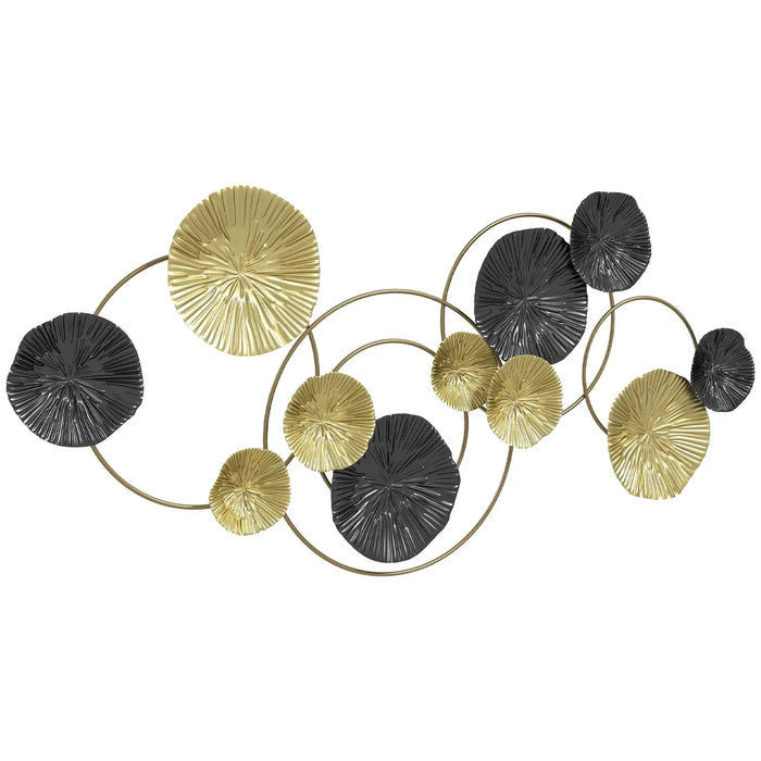 Decorative wall art with gold and black circular elements on a white background