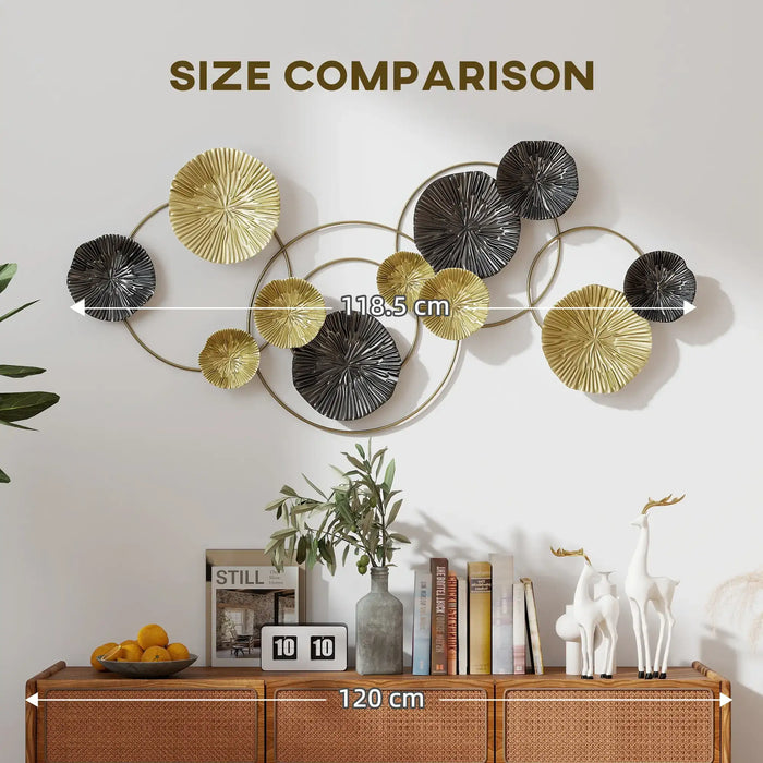 Decorative wall art with size comparison to a piece of furniture.