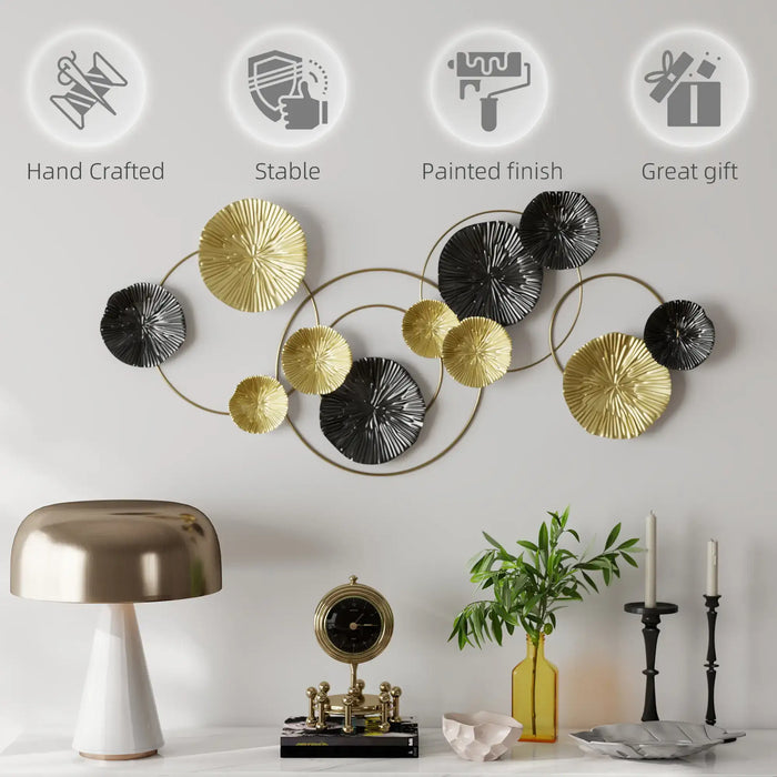 Decorative wall art with gold and black circular elements on a white wall, featuring icons and text about product qualities.