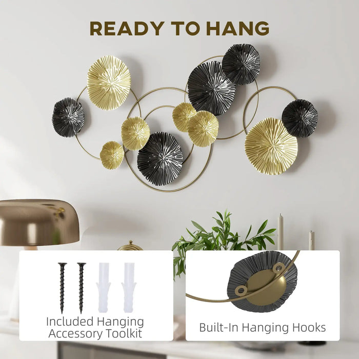 Decorative wall art with gold and black circular designs on a white wall, featuring text 'Ready to Hang' and product details.