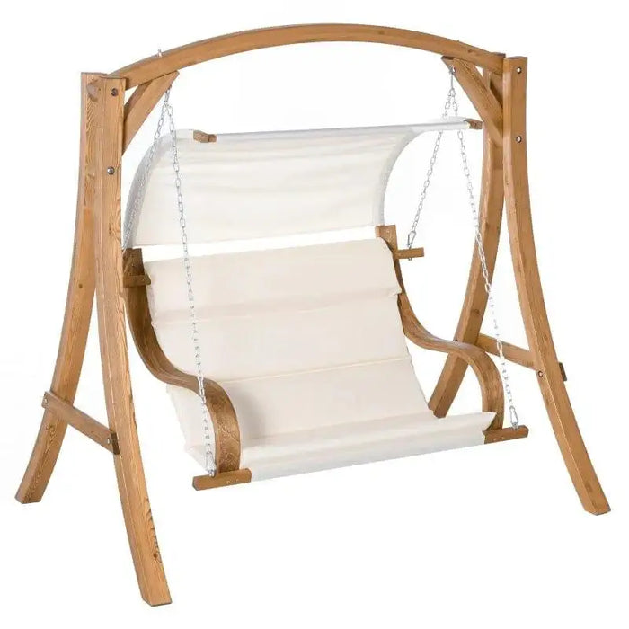 Teak larch wood loveseat swing chair with cream canopy and curved frame chains