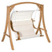Teak larch wood loveseat swing chair with cream canopy and curved frame chains