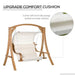Teak wood loveseat swing chair with cream canopy, padded cushion, and water resistant fabric